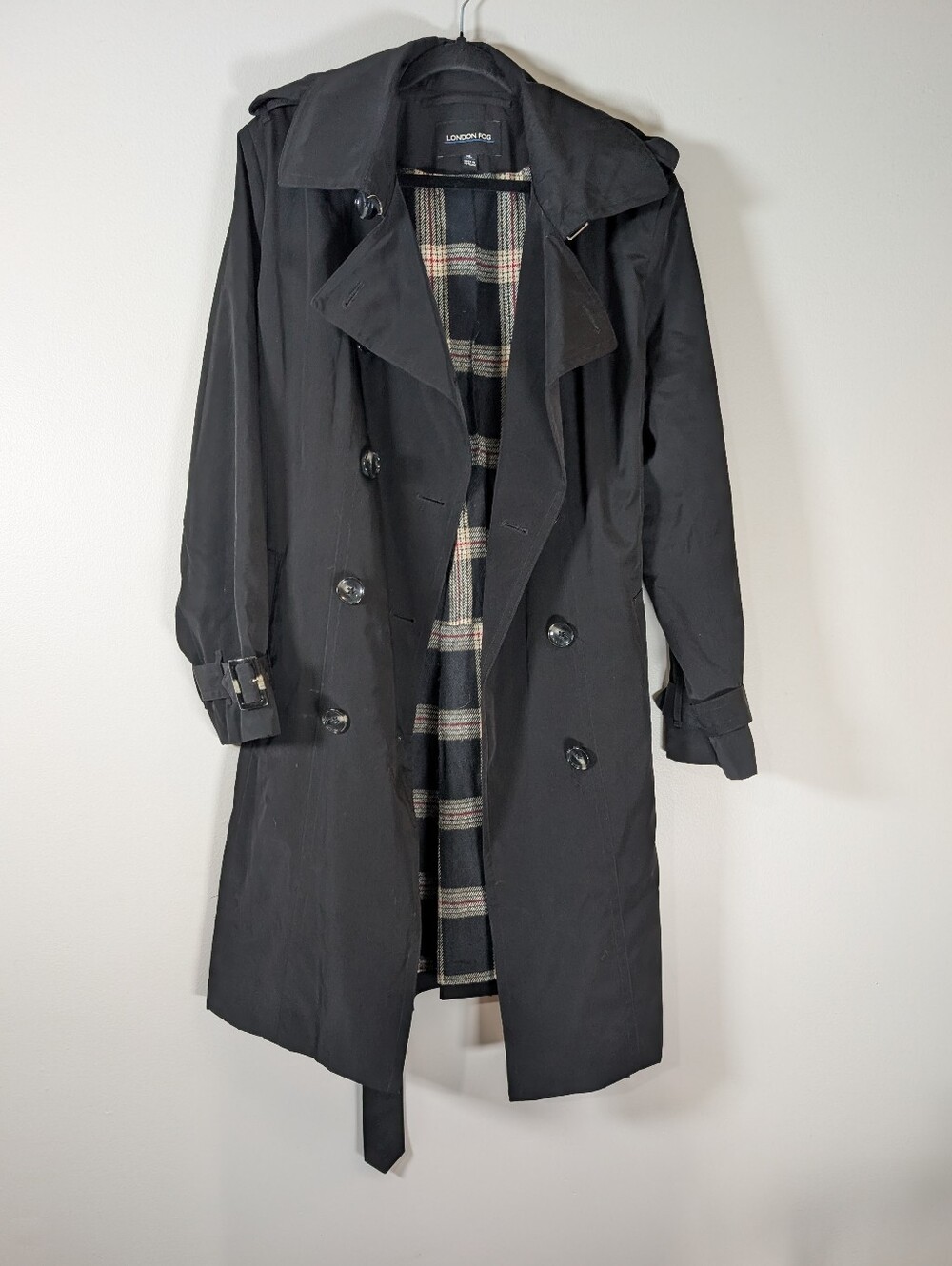London Fog Black Coat with Plaid Trim